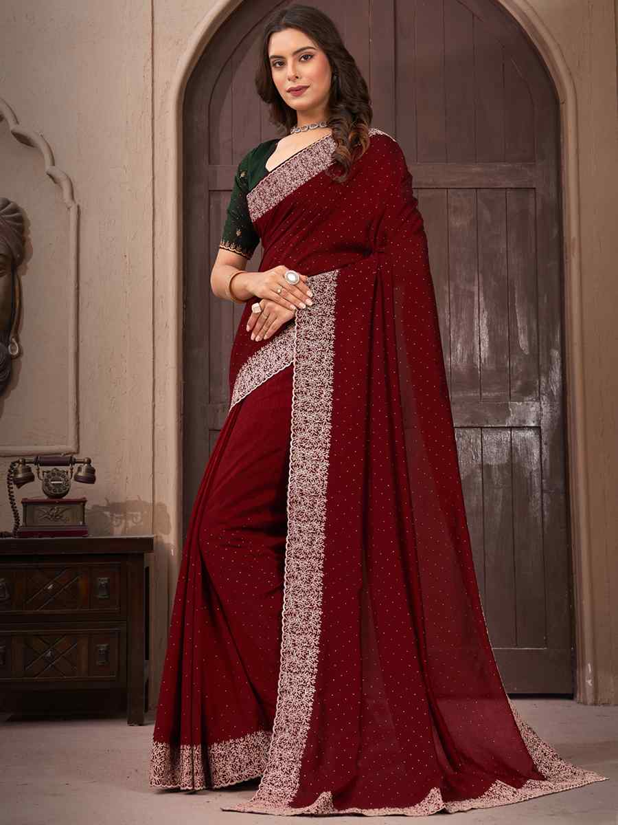 Maroon Vichitra Embroidered Wedding Party Heavy Border Saree