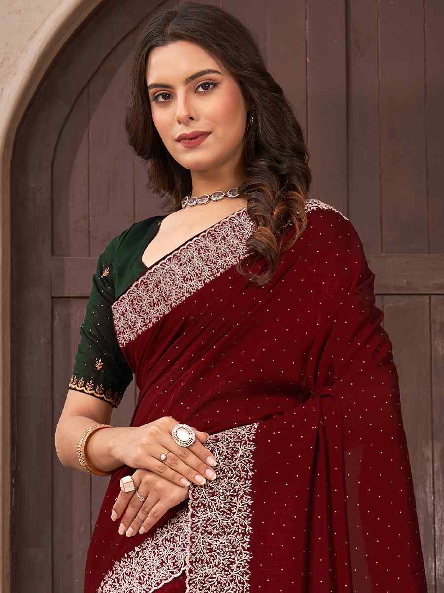 Maroon Vichitra Embroidered Wedding Party Heavy Border Saree