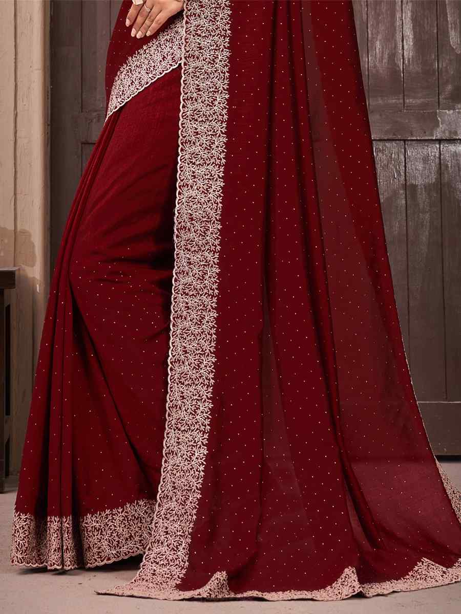 Maroon Vichitra Embroidered Wedding Party Heavy Border Saree