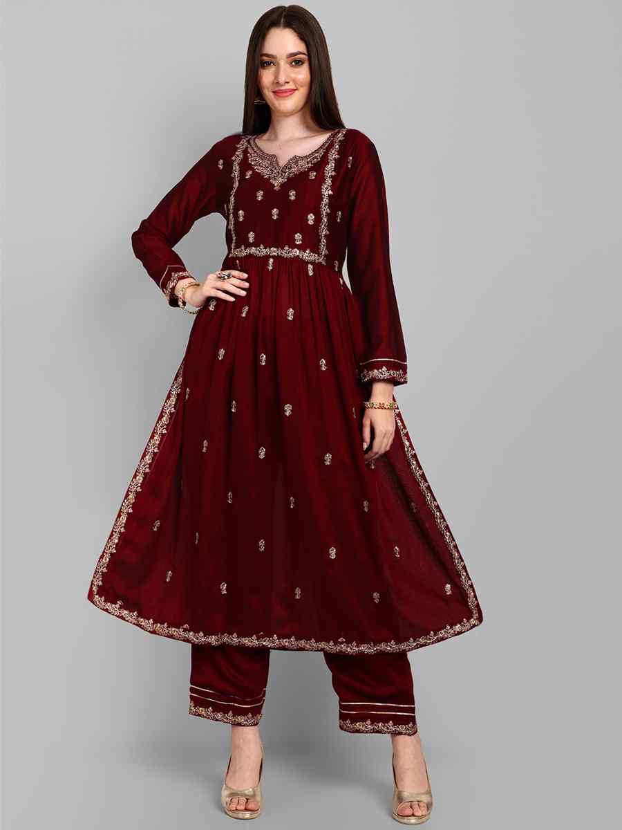 Maroon Vichitra Silk Embroidered Festival Casual Ready Pant Salwar Kameez