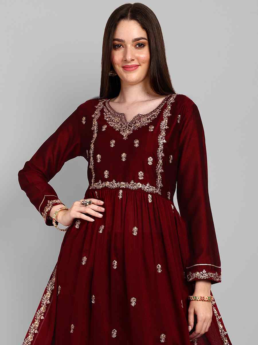 Maroon Vichitra Silk Embroidered Festival Casual Ready Pant Salwar Kameez