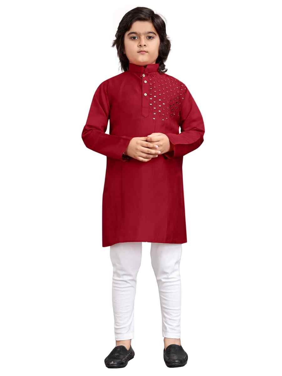 Maroon Viscose Embroidered Wedding Casual Kurta Pyjama Boys Wear