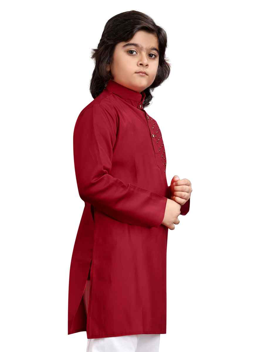 Maroon Viscose Embroidered Wedding Casual Kurta Pyjama Boys Wear