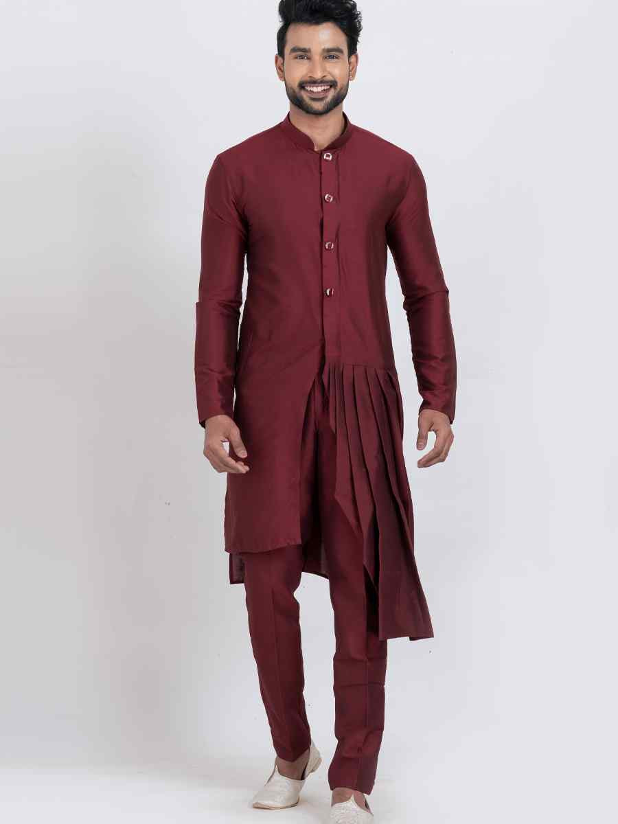 Maroon Viscose PS Embroidered Festival Wedding Kurta Pyjama Men's Wear