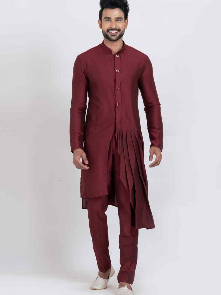 Maroon Viscose PS Embroidered Festival Wedding Kurta Pyjama Men&#039;s Wear