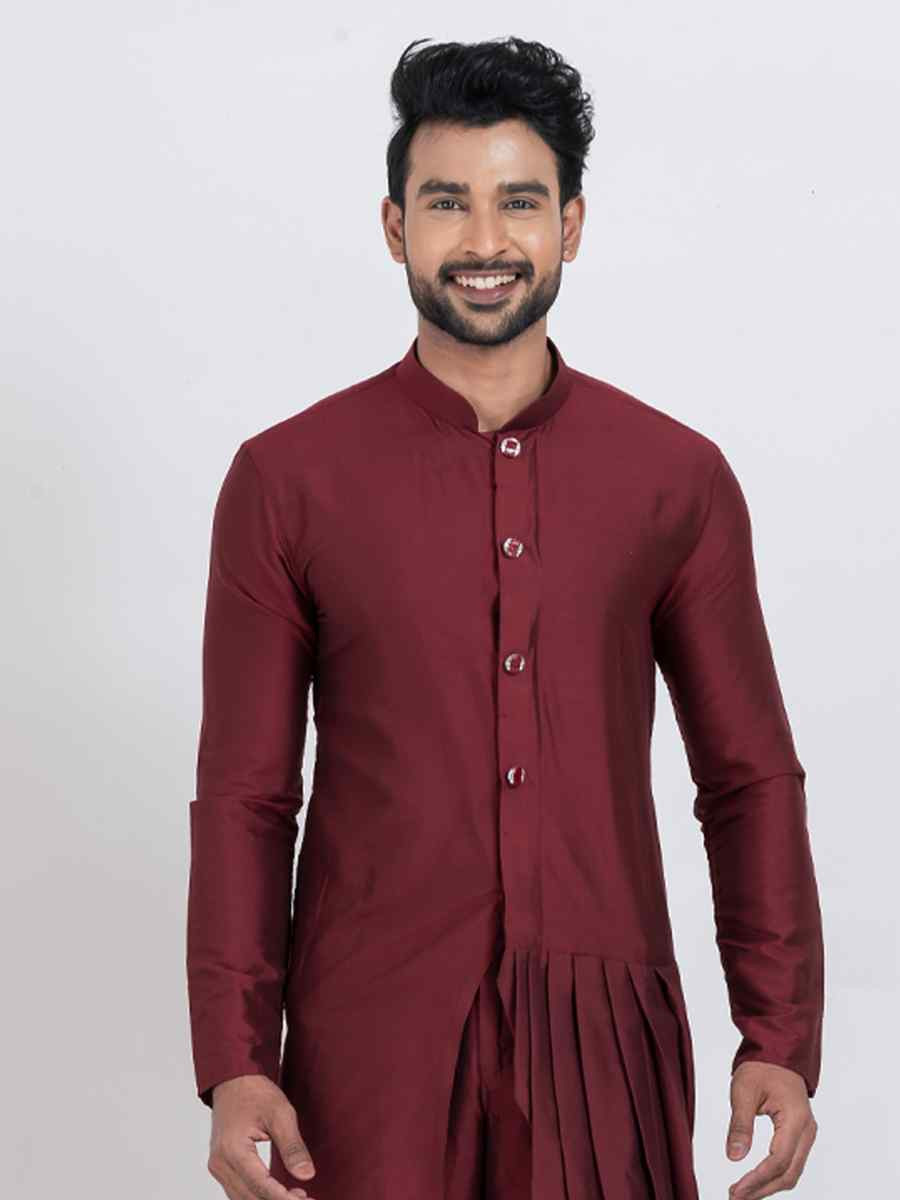 Maroon Viscose PS Embroidered Festival Wedding Kurta Pyjama Men's Wear