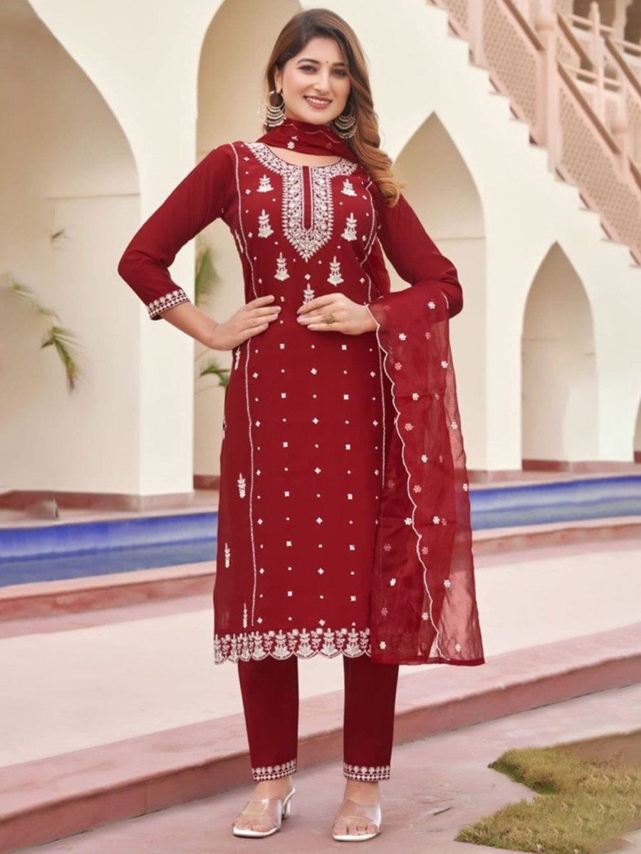 Maroon Viscose Roman Silk Embroidered Festival Casual Ready Pant Salwar Kameez