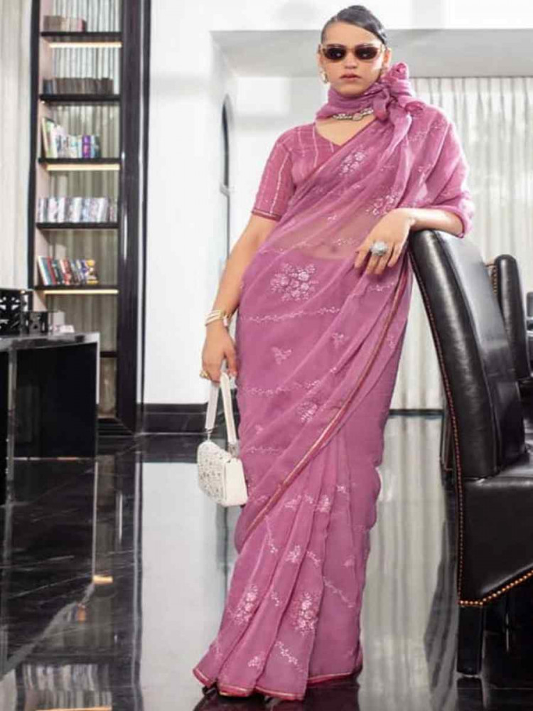 Mauve Chiffon Embroidered Festival Wedding Classic Style Saree