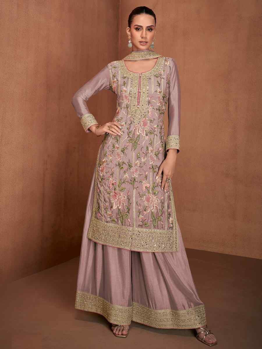 Mauve Chinon Silk Embroidered Festival Wedding Ready Palazzo Pant Salwar Kameez