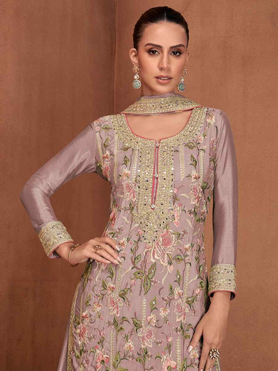 Mauve Chinon Silk Embroidered Festival Wedding Ready Palazzo Pant Salwar Kameez