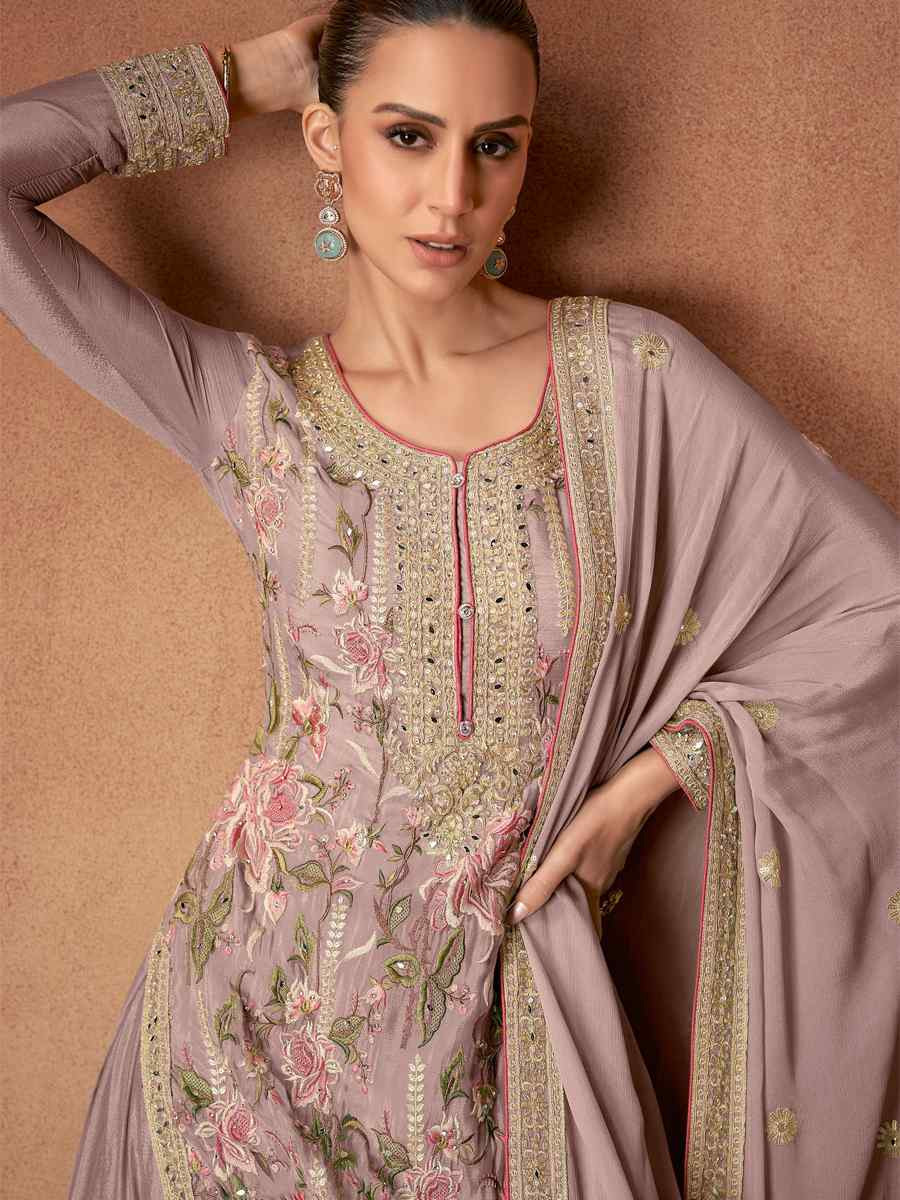 Mauve Chinon Silk Embroidered Festival Wedding Ready Palazzo Pant Salwar Kameez