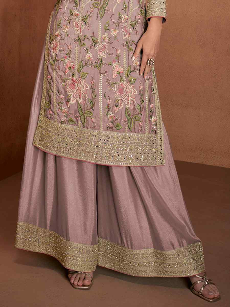 Mauve Chinon Silk Embroidered Festival Wedding Ready Palazzo Pant Salwar Kameez