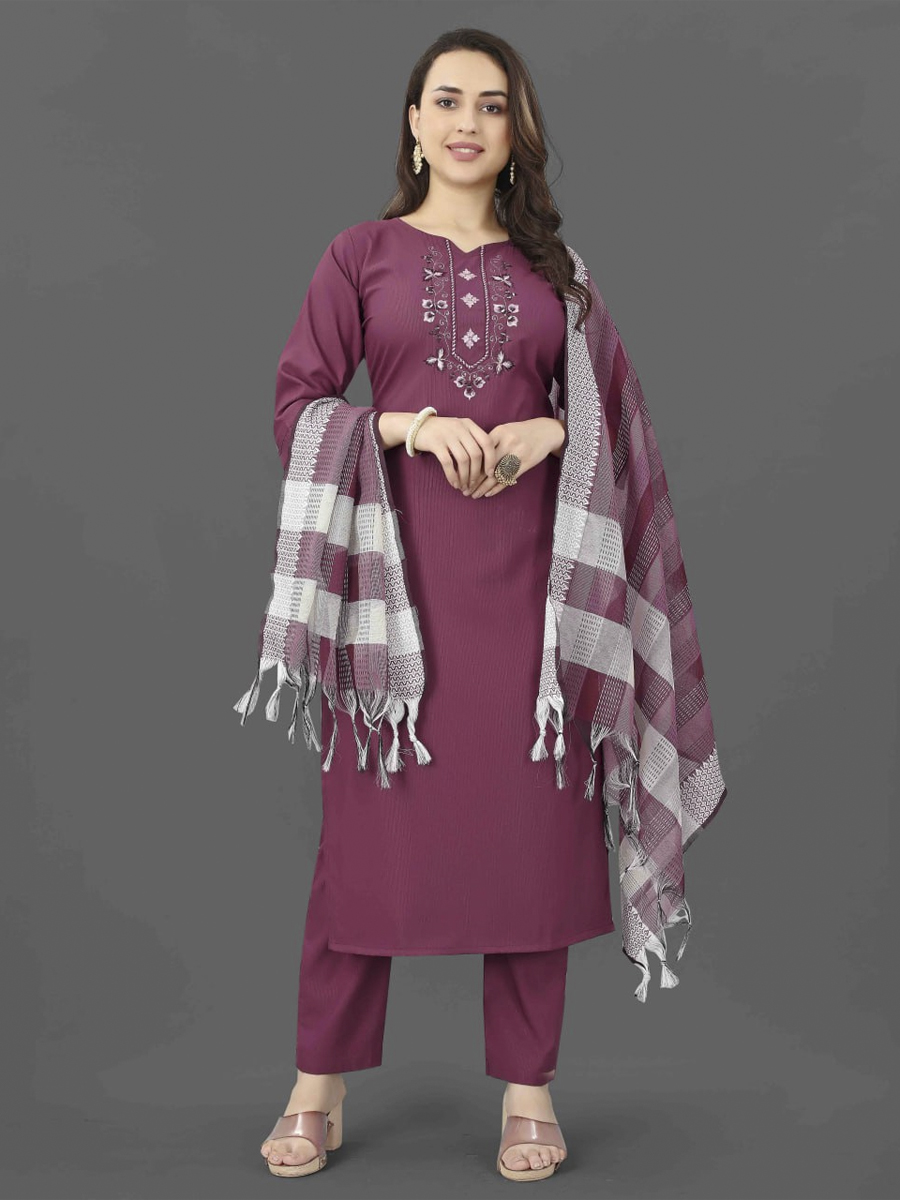 Mauve Cotton Blend Handwoven Festival Casual Ready Pant Salwar Kameez