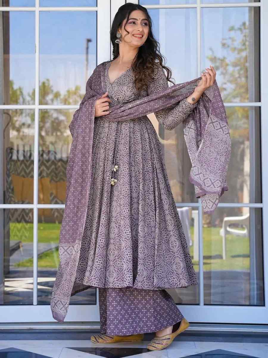 Mauve Cotton Silk Embroidered Festival Casual Ready Anarkali Salwar Kameez