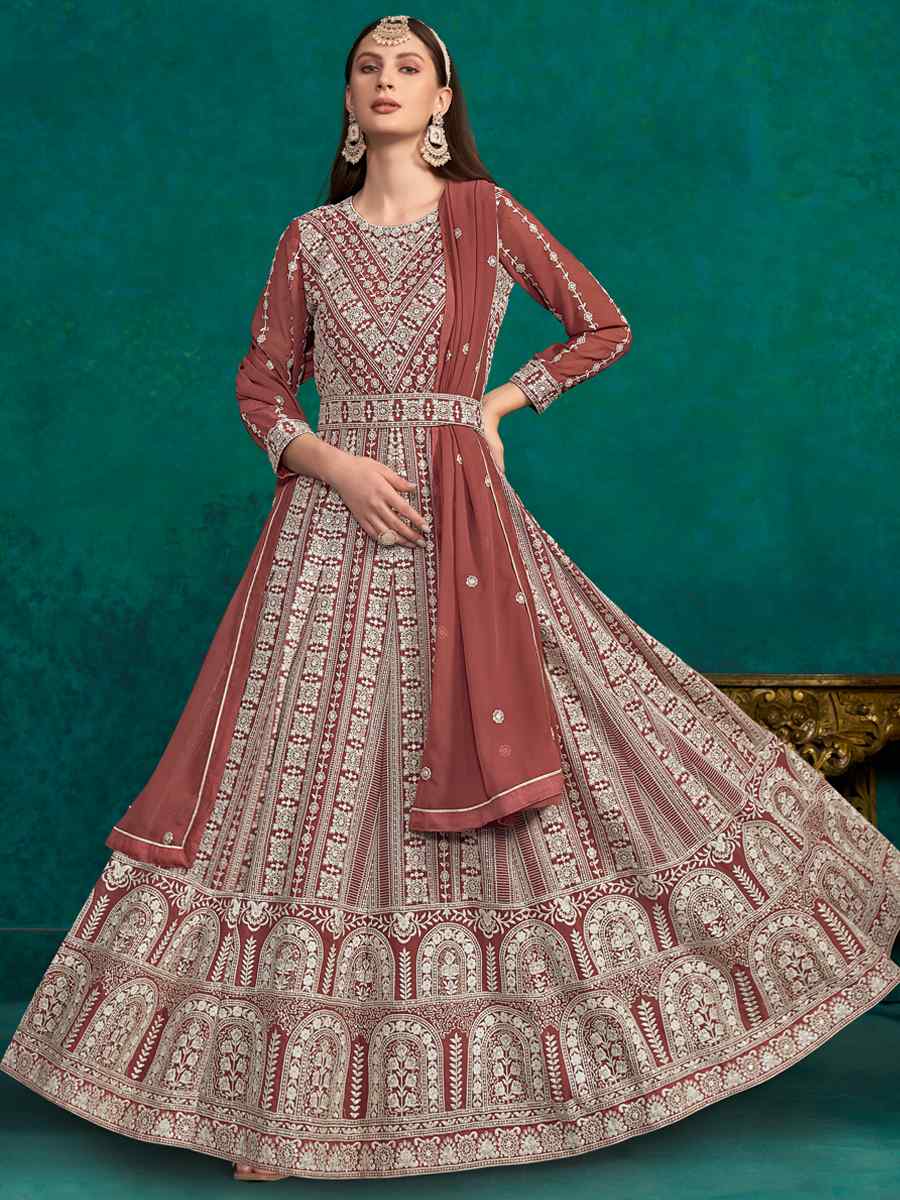 Mauve Faux Georgette Embroidered Festival Wedding Anarkali Salwar Kameez