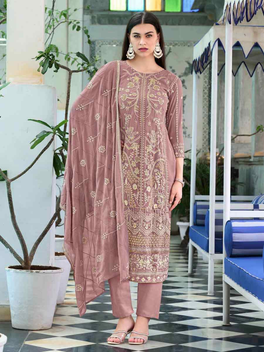 Mauve Faux Georgette Embroidered Festival Wedding Pant Ready Salwar Kameez