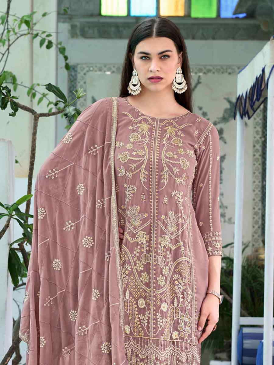 Mauve Faux Georgette Embroidered Festival Wedding Pant Ready Salwar Kameez