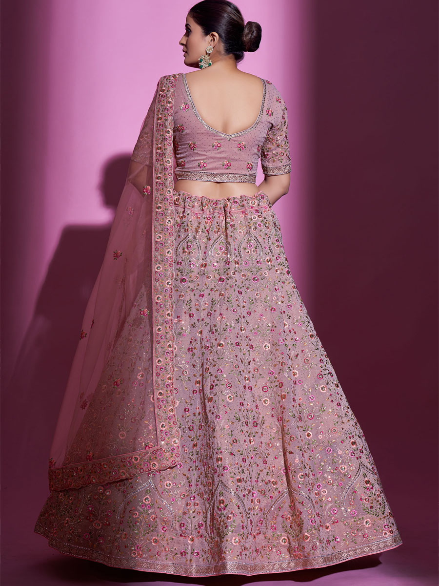 Mauve Georgette Embroidered Bridal Wedding Heavy Border Lehenga Choli