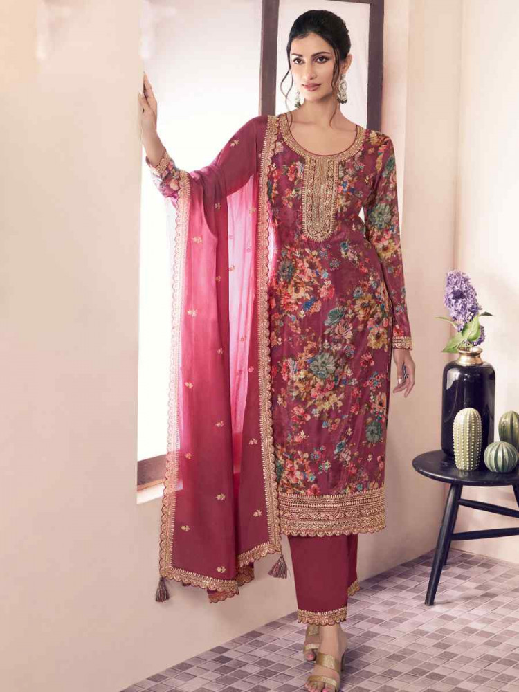 Mauve Heavy Chinon Embroidered Festival Casual Ready Pant Salwar Kameez