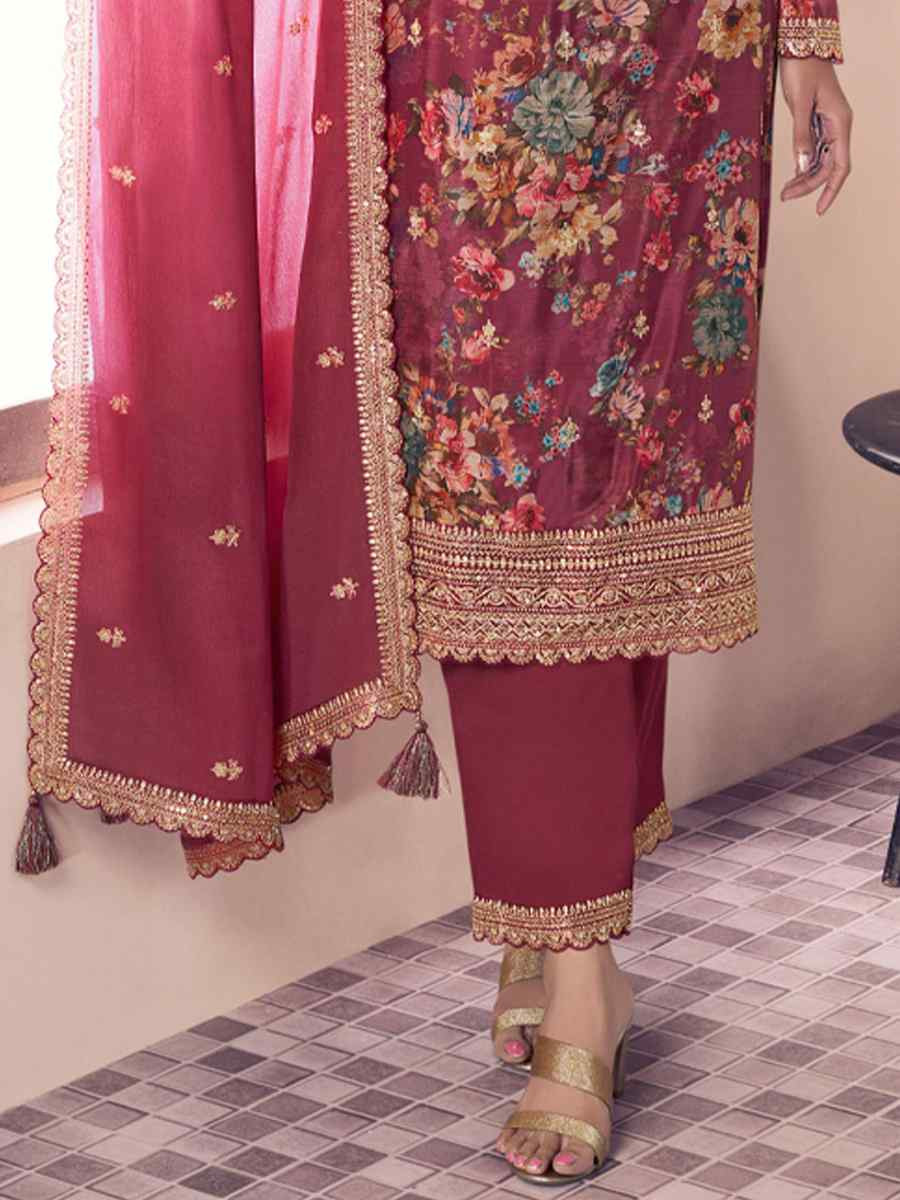 Mauve Heavy Chinon Embroidered Festival Casual Ready Pant Salwar Kameez