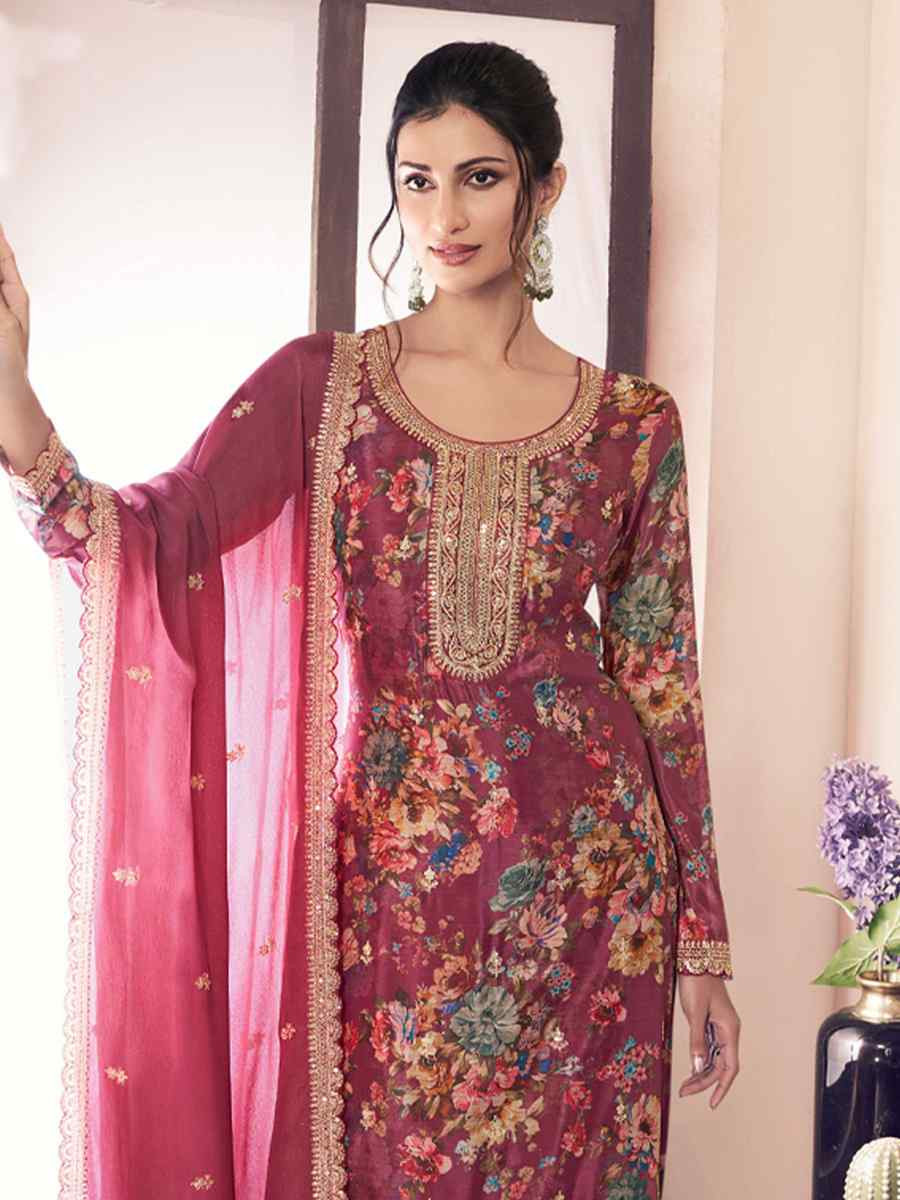 Mauve Heavy Chinon Embroidered Festival Casual Ready Pant Salwar Kameez