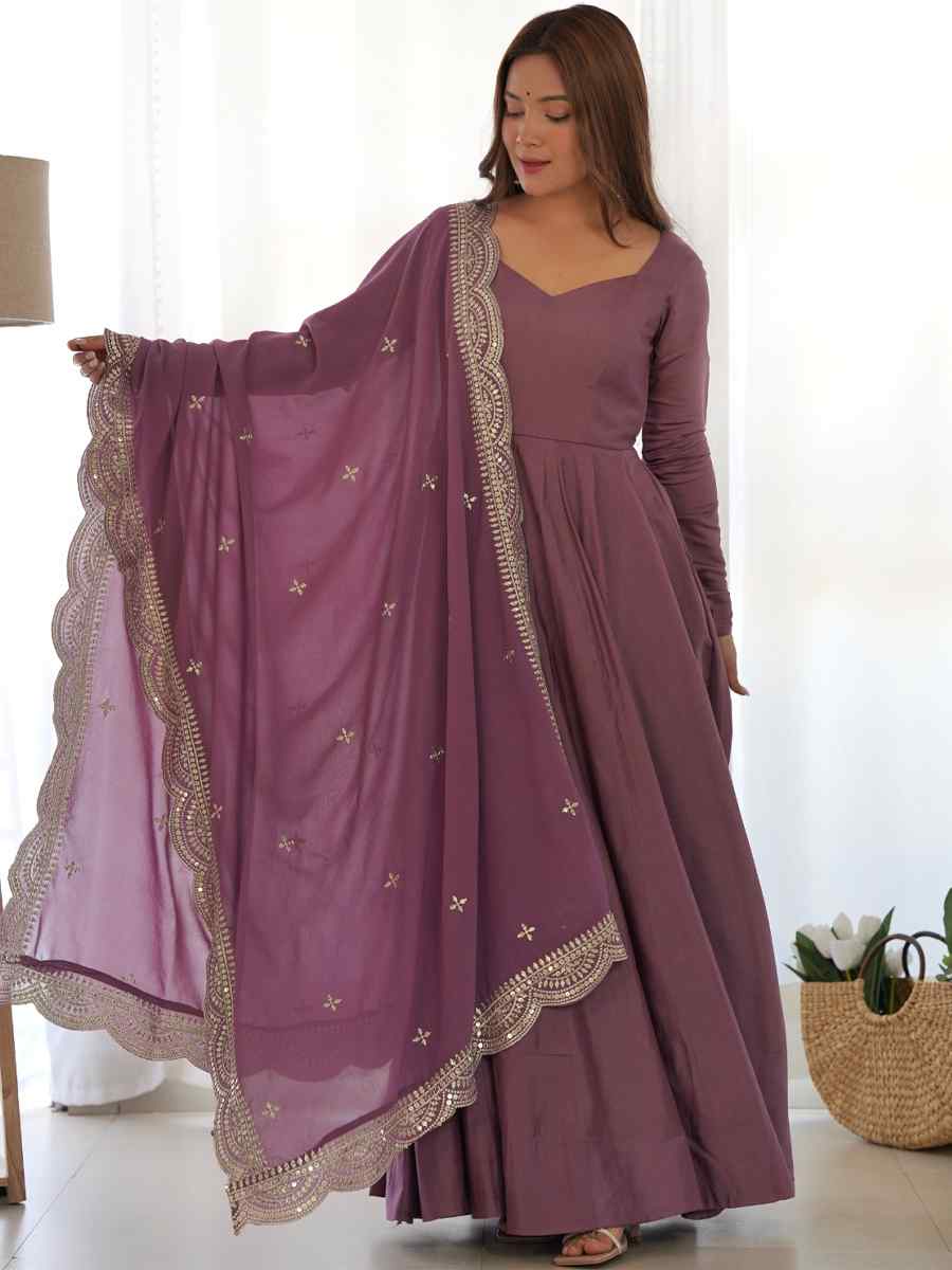 Mauve Heavy Pure Roman Silk Chanderi Embroidered Festival Party Gown