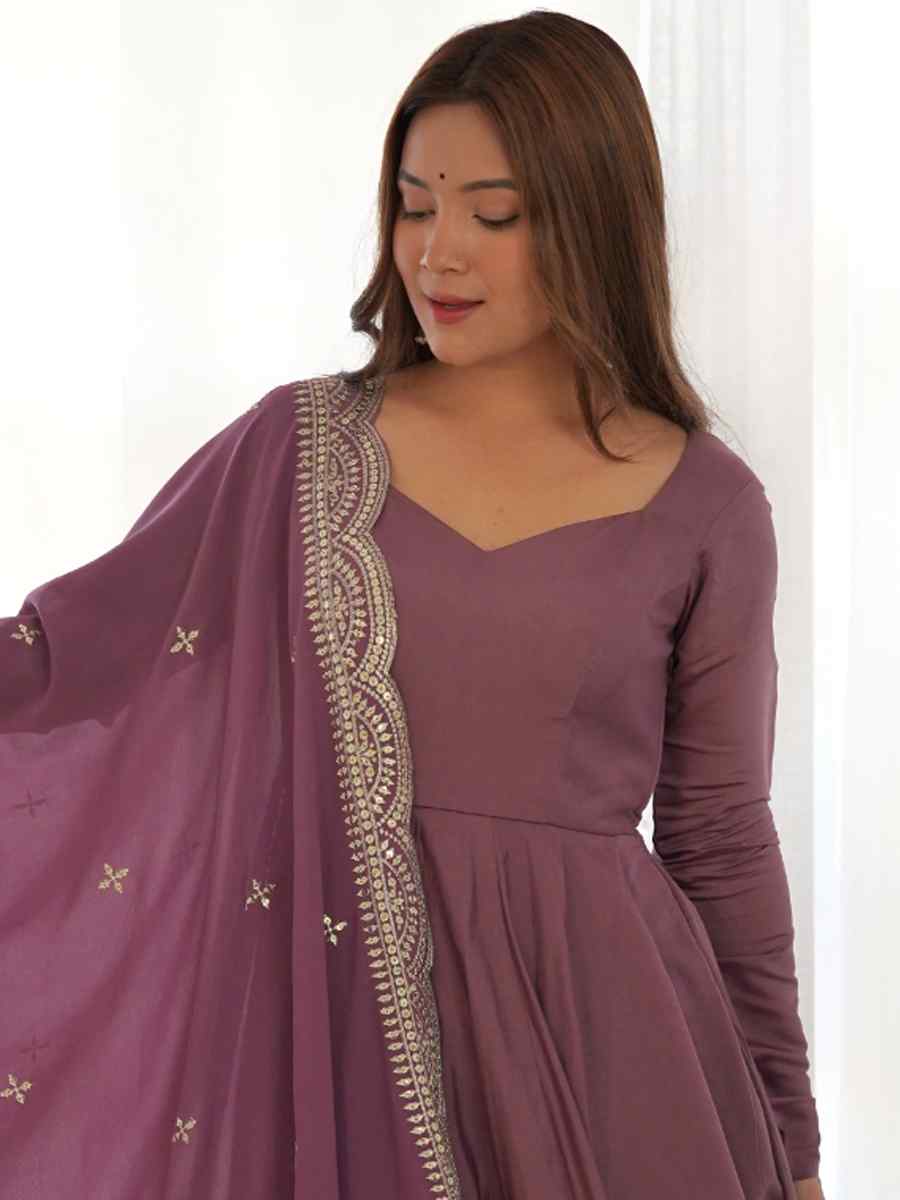 Mauve Heavy Pure Roman Silk Chanderi Embroidered Festival Party Gown