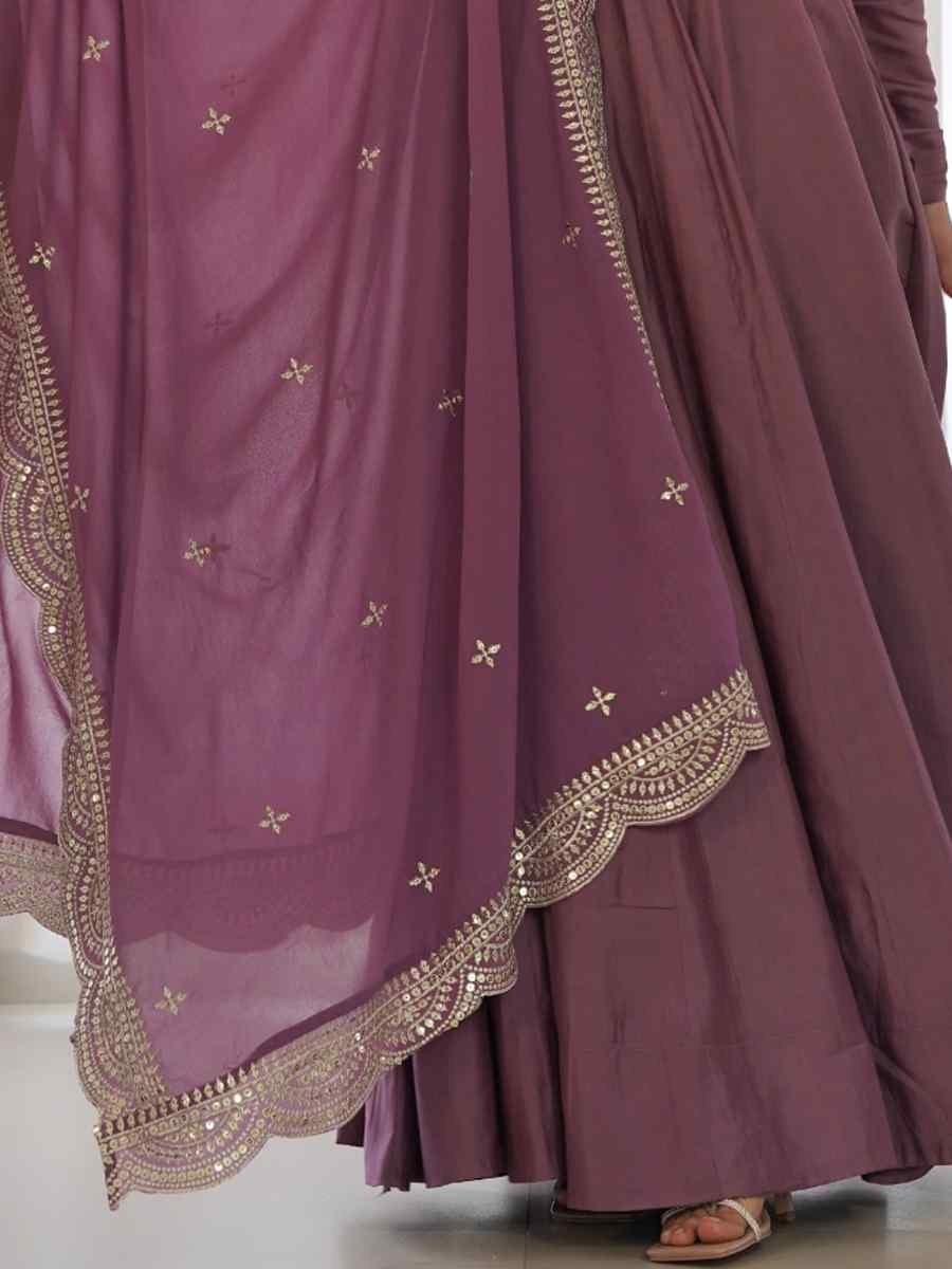 Mauve Heavy Pure Roman Silk Chanderi Embroidered Festival Party Gown