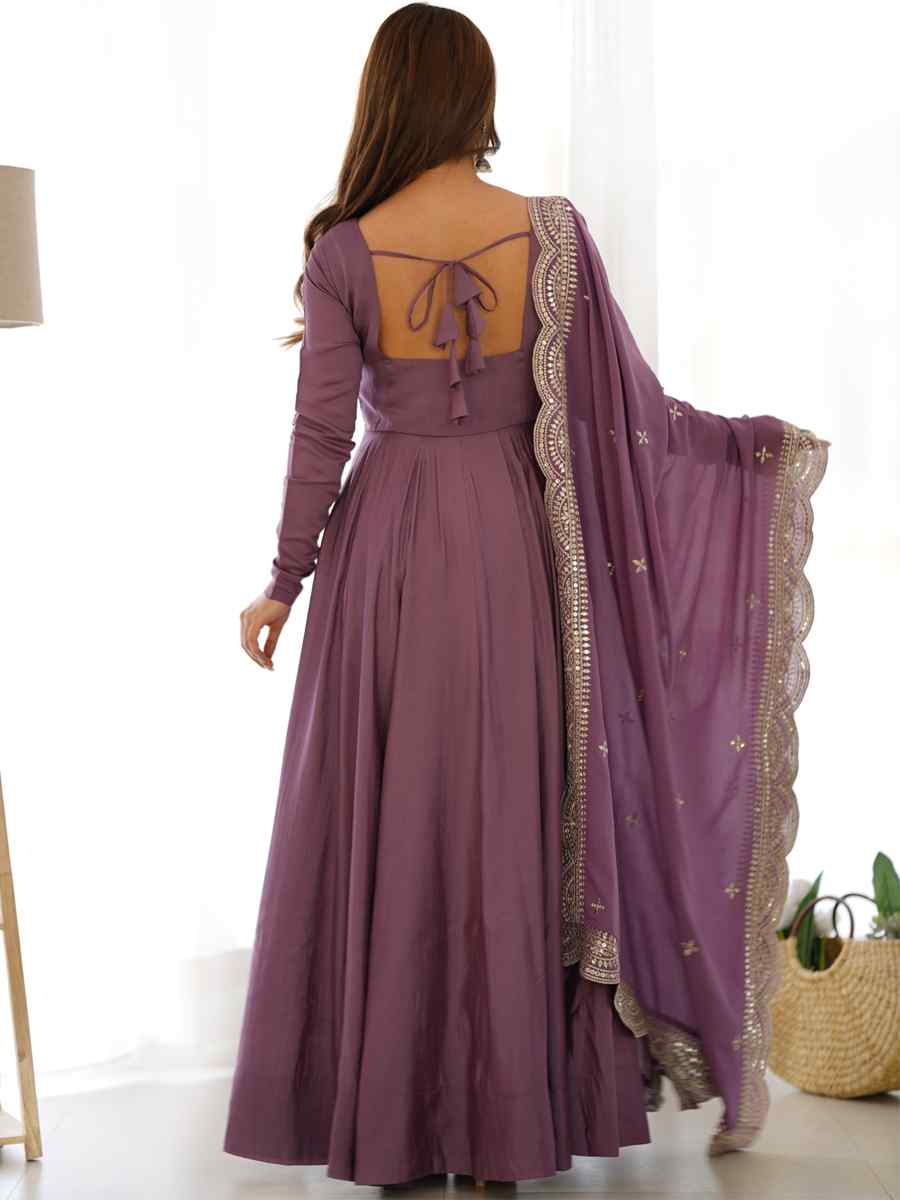 Mauve Heavy Pure Roman Silk Chanderi Embroidered Festival Party Gown