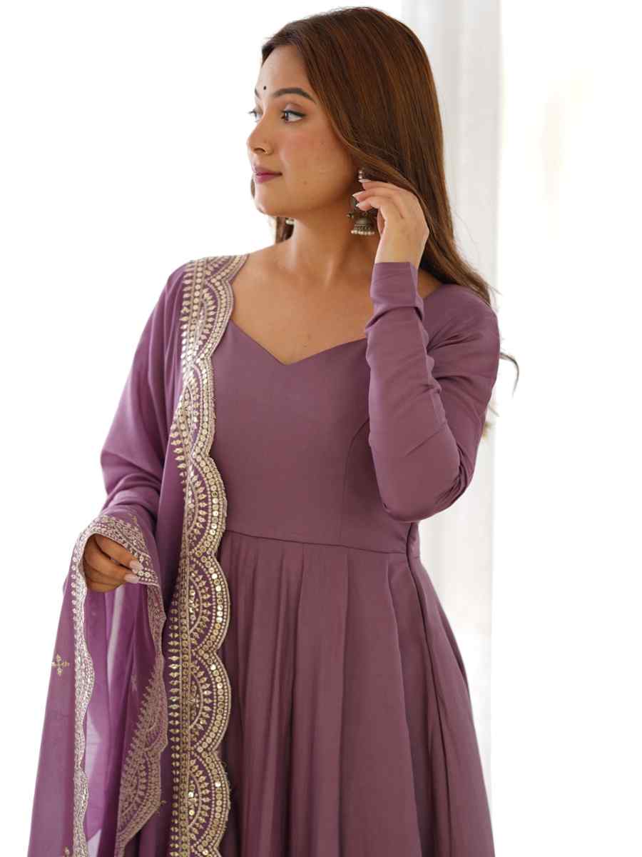 Mauve Heavy Pure Roman Silk Chanderi Embroidered Festival Party Gown