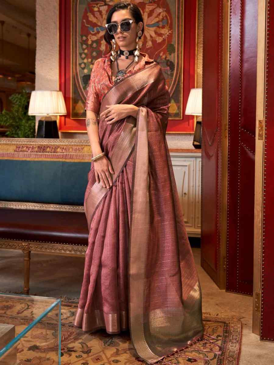 Mauve Moss Chiffon Handwoven Festival Wedding Heavy Border Saree