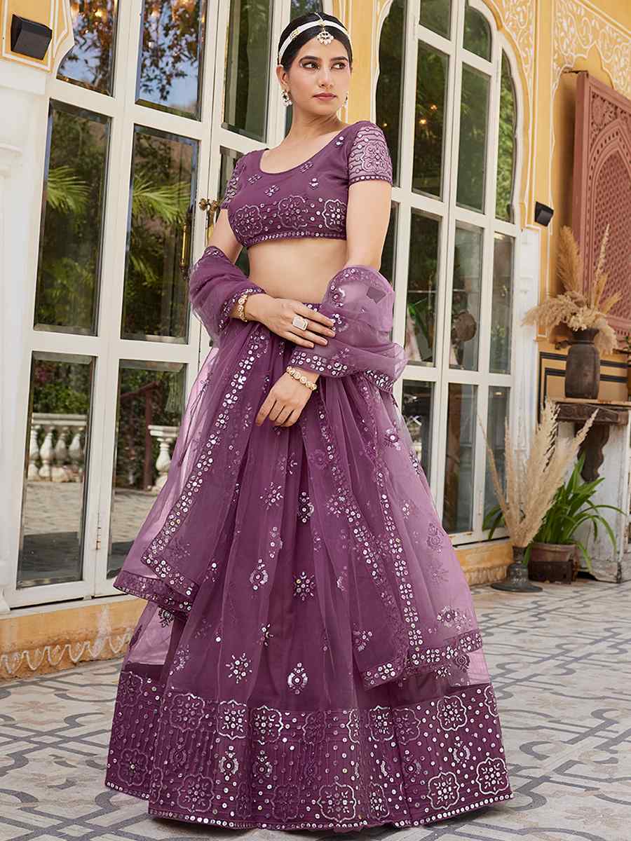 Mauve Net Embroidered Bridesmaid Wedding Heavy Border Lehenga Choli