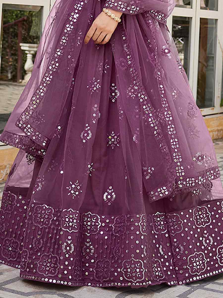 Mauve Net Embroidered Bridesmaid Wedding Heavy Border Lehenga Choli