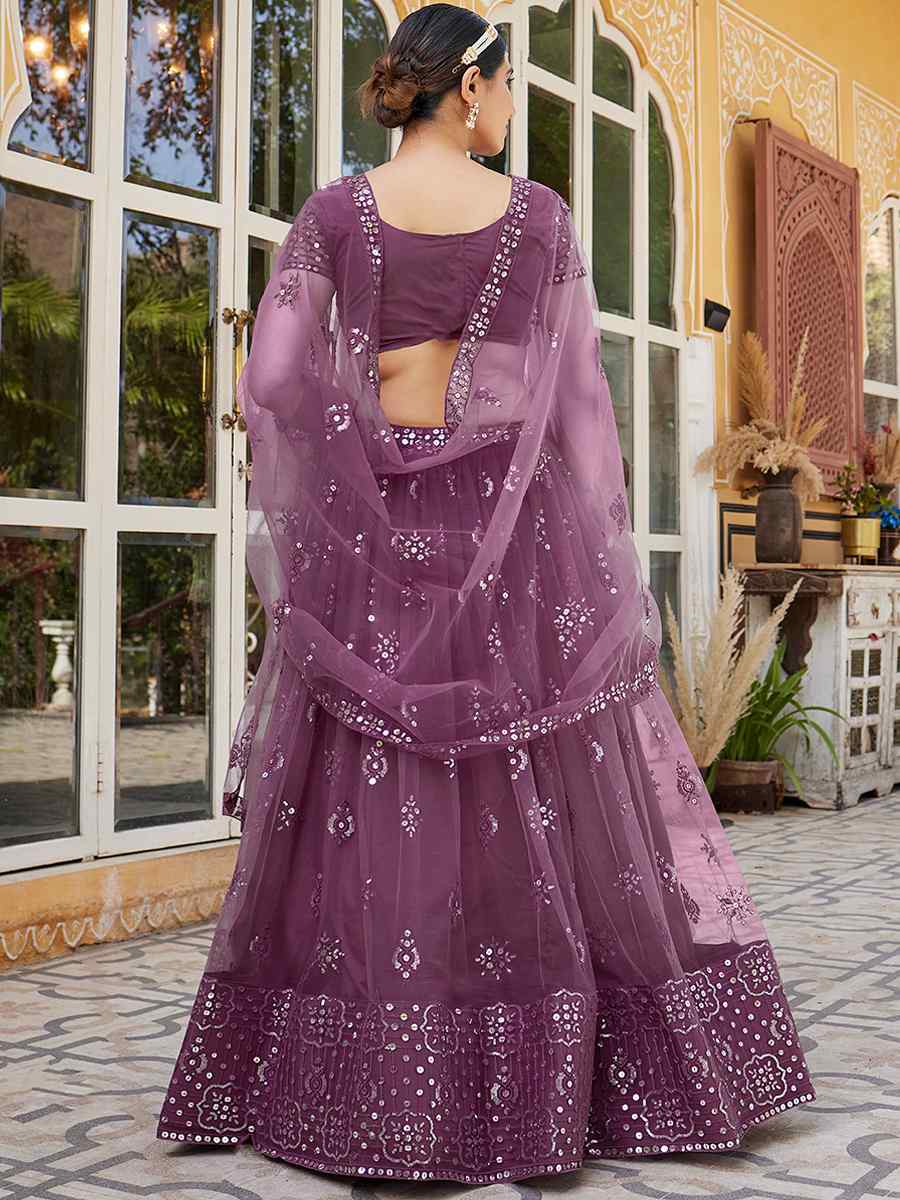 Mauve Net Embroidered Bridesmaid Wedding Heavy Border Lehenga Choli