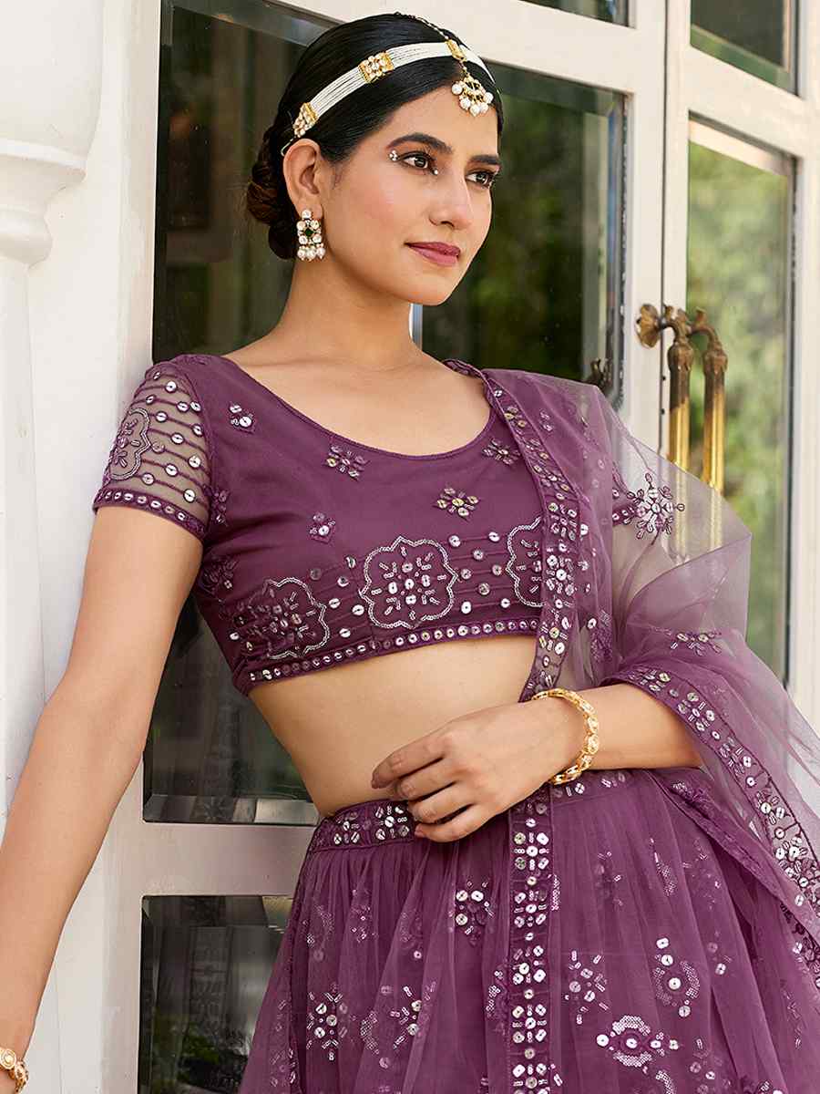 Mauve Net Embroidered Bridesmaid Wedding Heavy Border Lehenga Choli