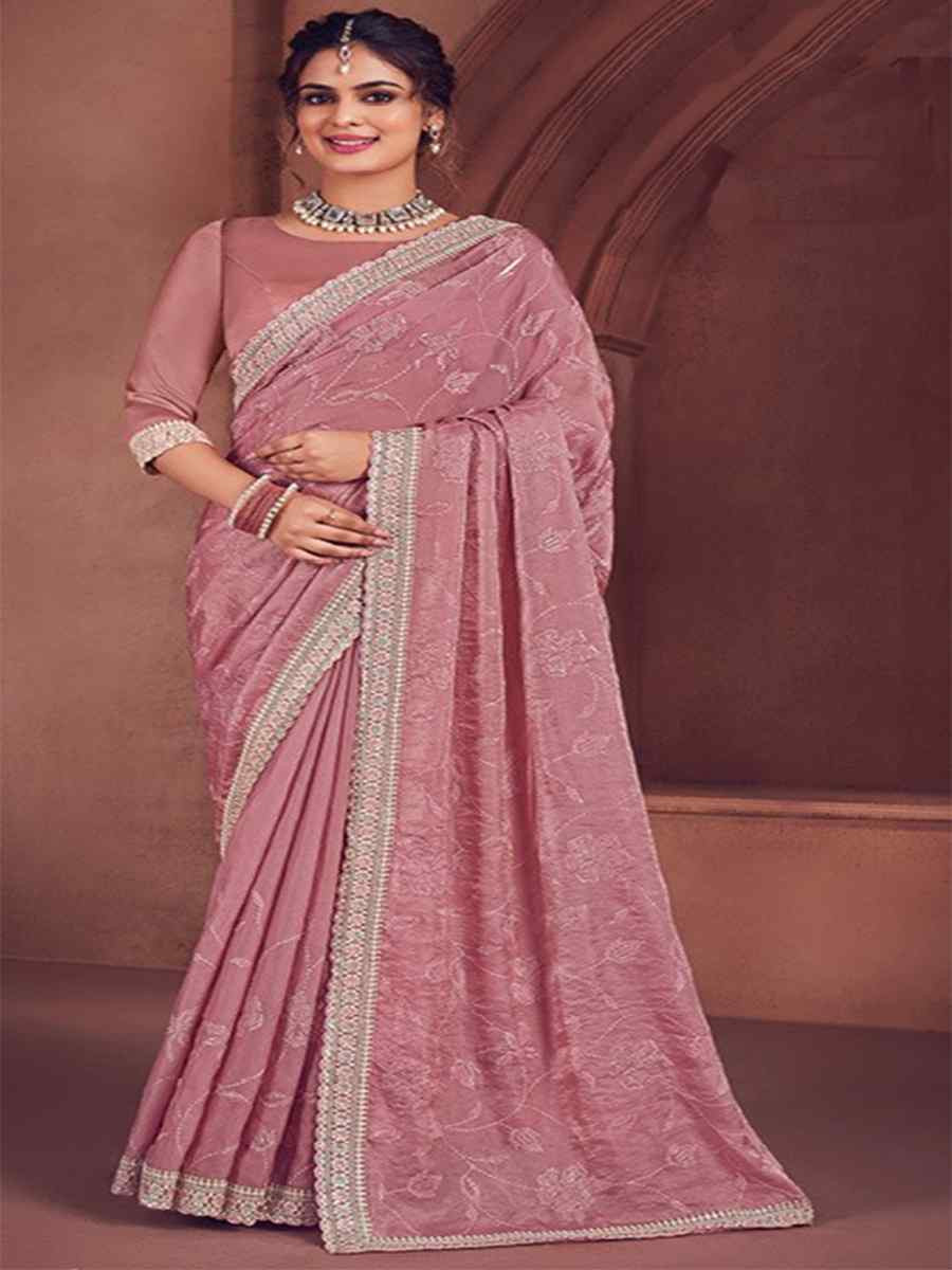 Mauve Organza Embroidered Bridesmaid Wedding Heavy Border Saree