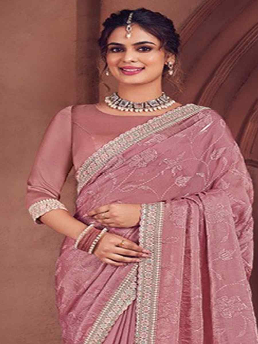 Mauve Organza Embroidered Bridesmaid Wedding Heavy Border Saree