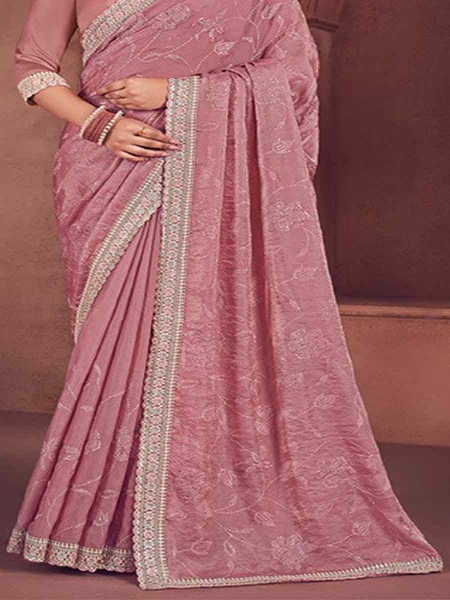 Mauve Organza Embroidered Bridesmaid Wedding Heavy Border Saree