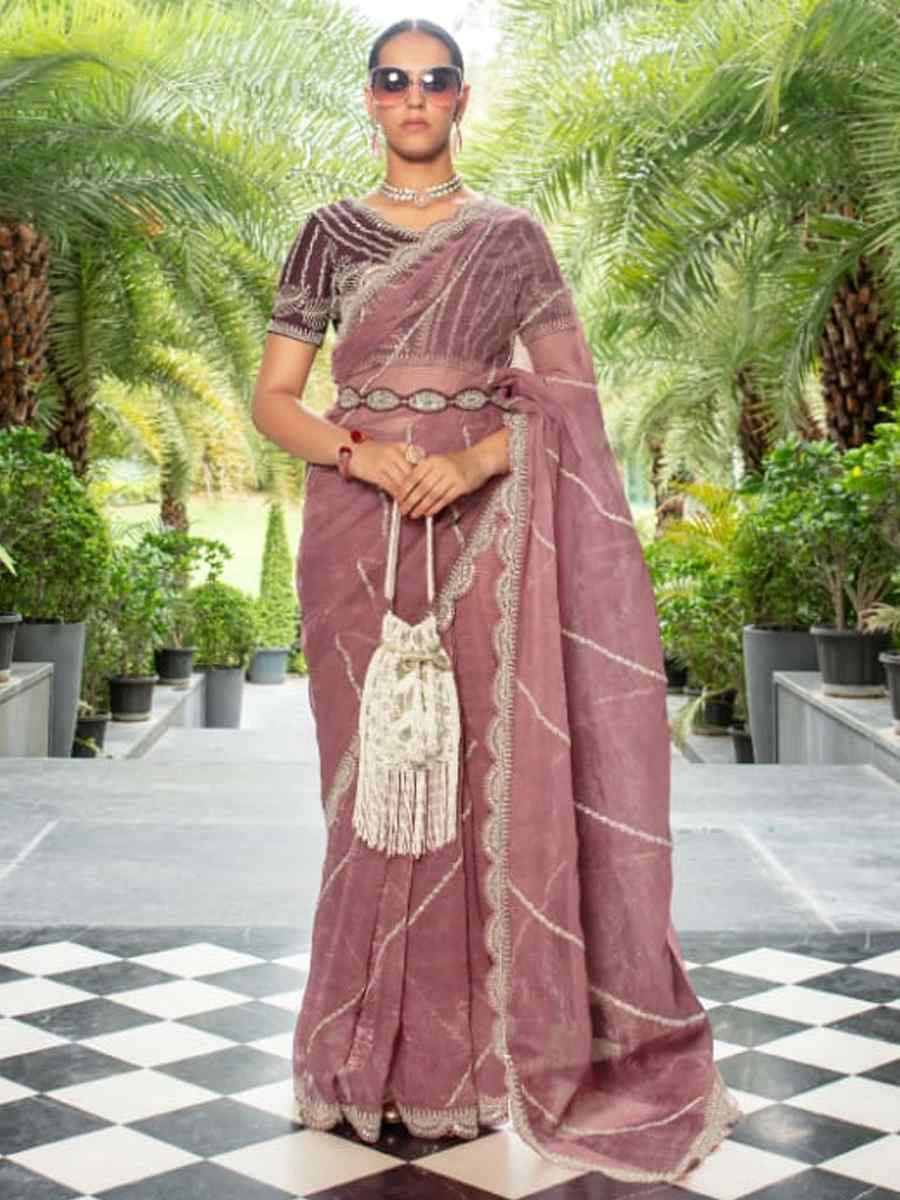 Mauve Organza Embroidered Festival Wedding Classic Style Saree