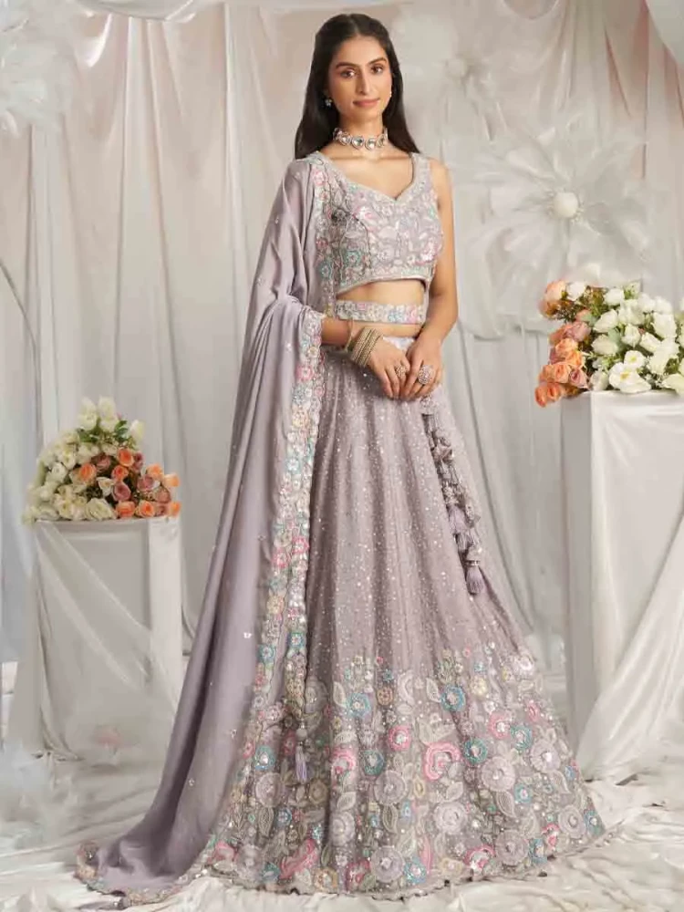 Mauve Poly Chiffon Embroidered Wedding Bridesmaid Heavy Border Lehenga Choli