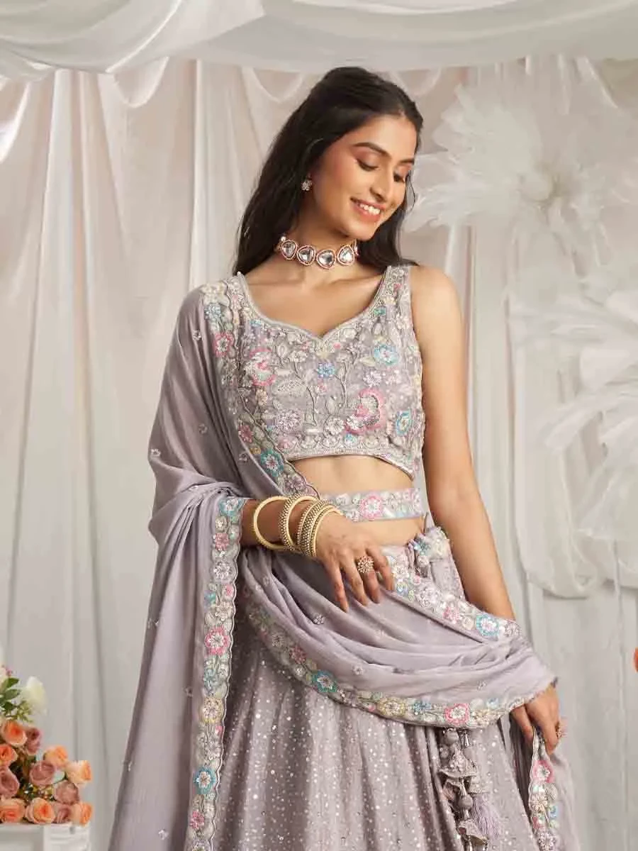 Mauve Poly Chiffon Embroidered Wedding Bridesmaid Heavy Border Lehenga Choli