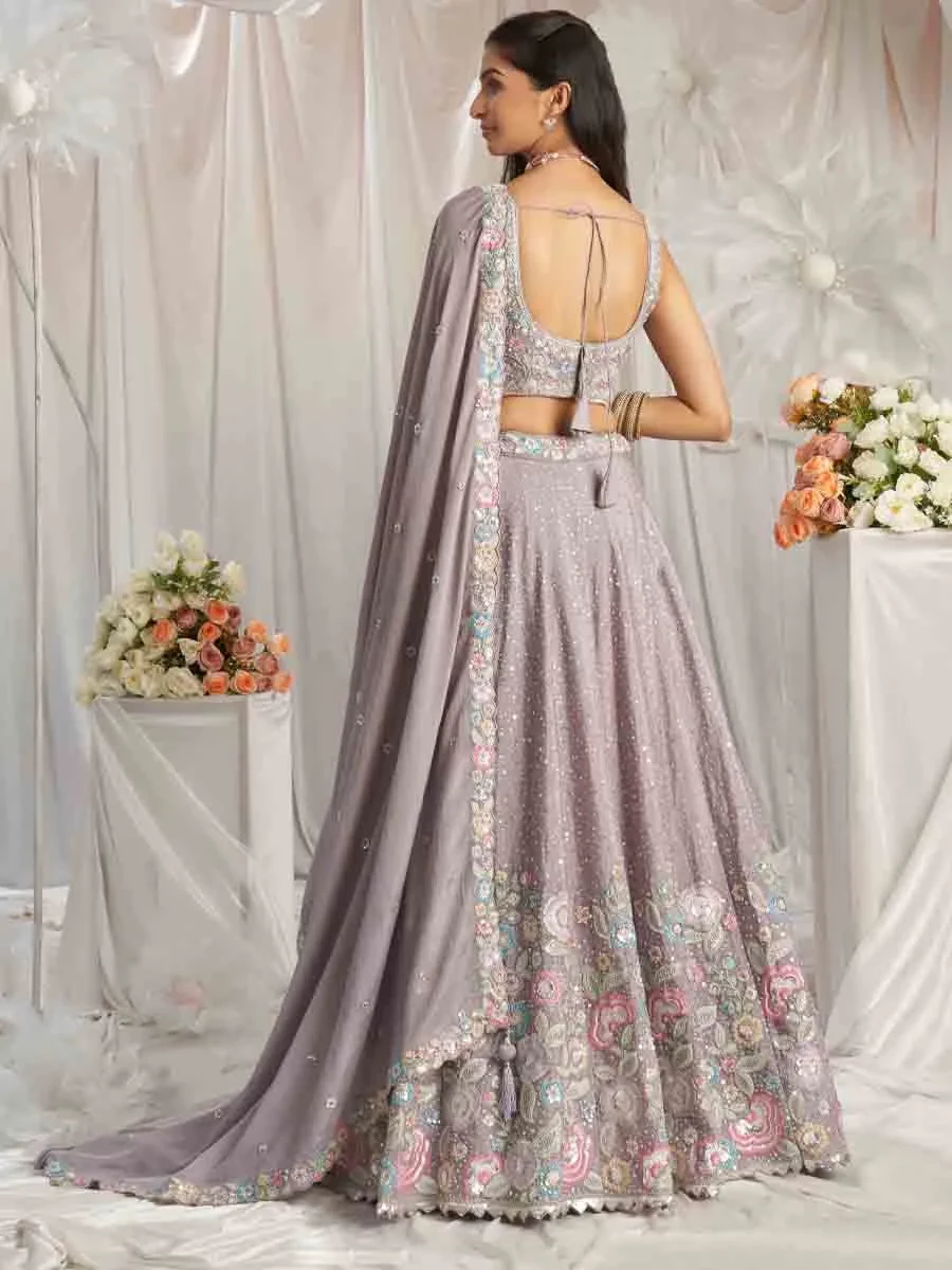 Mauve Poly Chiffon Embroidered Wedding Bridesmaid Heavy Border Lehenga Choli