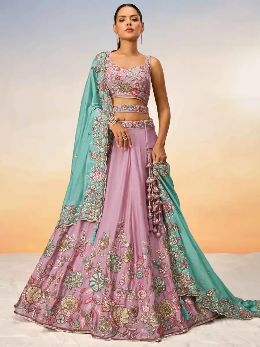 Mauve Poly Georgette Embroidery Reception Party Wear Heavy Border Lehenga Choli