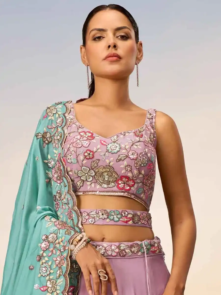 Mauve Poly Georgette Embroidery Reception Party Wear Heavy Border Lehenga Choli