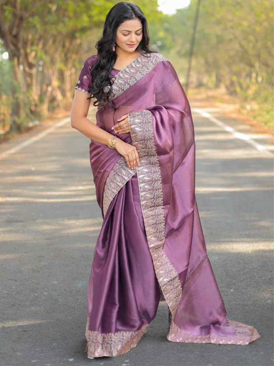 Mauve Pure Soft Burberry Silk Embroidered Festival Wedding Heavy Border Saree