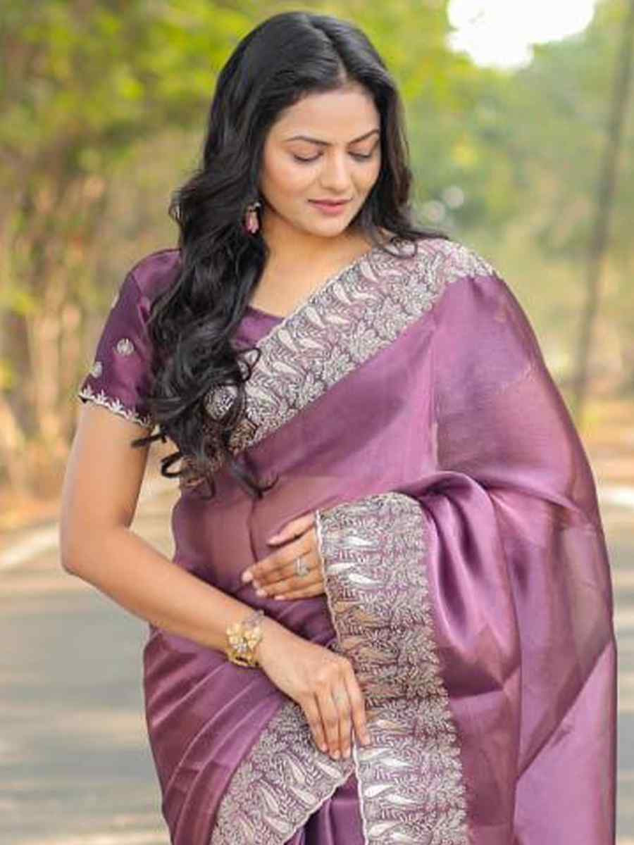 Mauve Pure Soft Burberry Silk Embroidered Festival Wedding Heavy Border Saree