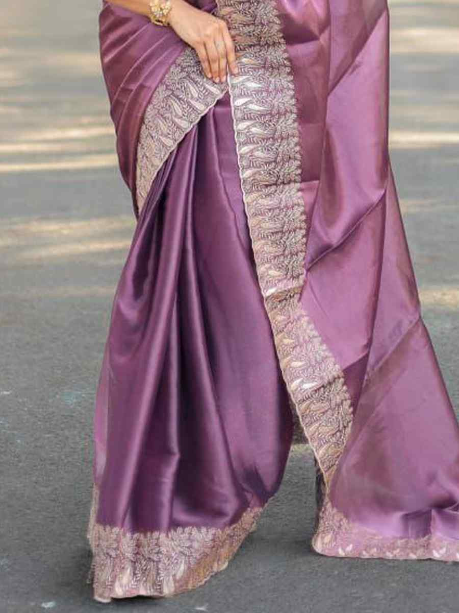 Mauve Pure Soft Burberry Silk Embroidered Festival Wedding Heavy Border Saree