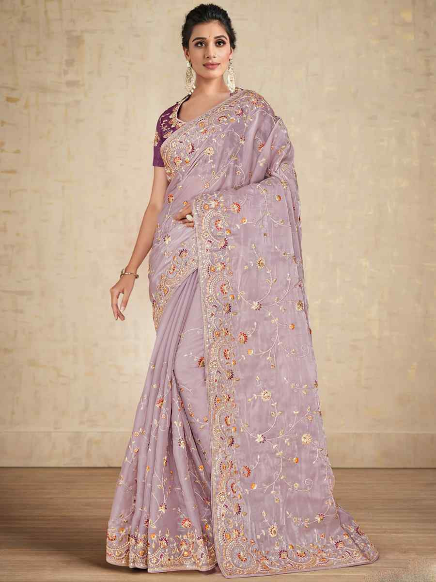 Mauve Satin Silk Embroidered Reception Wedding Heavy Border Saree