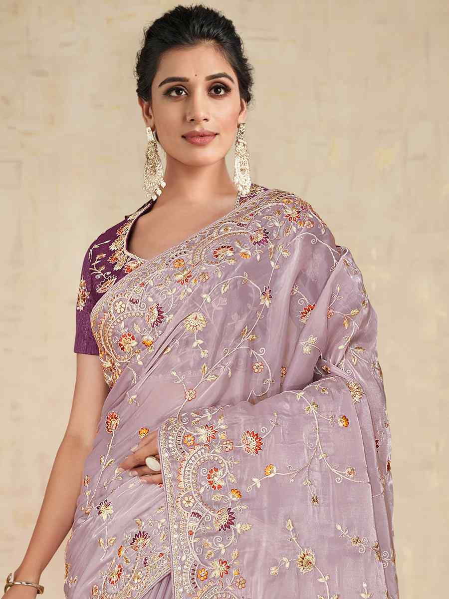 Mauve Satin Silk Embroidered Reception Wedding Heavy Border Saree