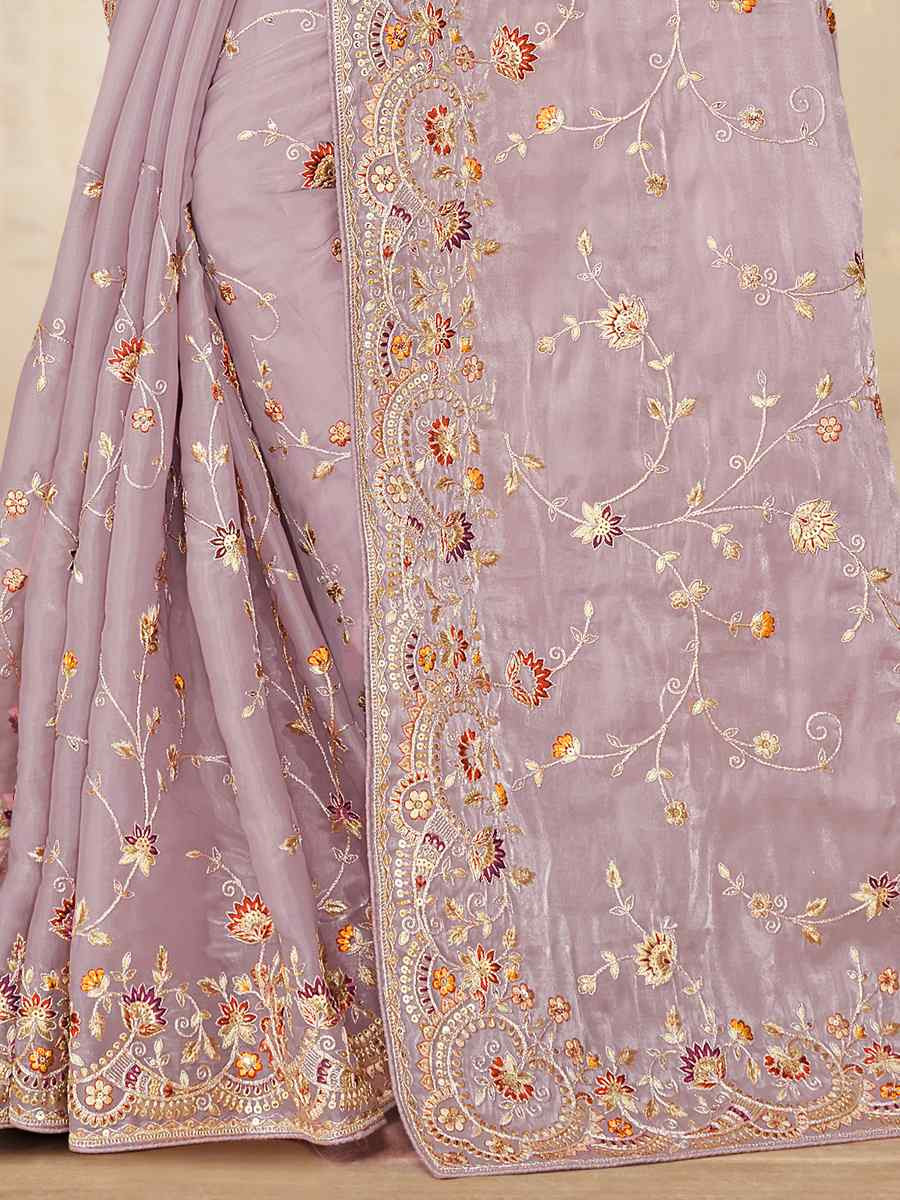 Mauve Satin Silk Embroidered Reception Wedding Heavy Border Saree